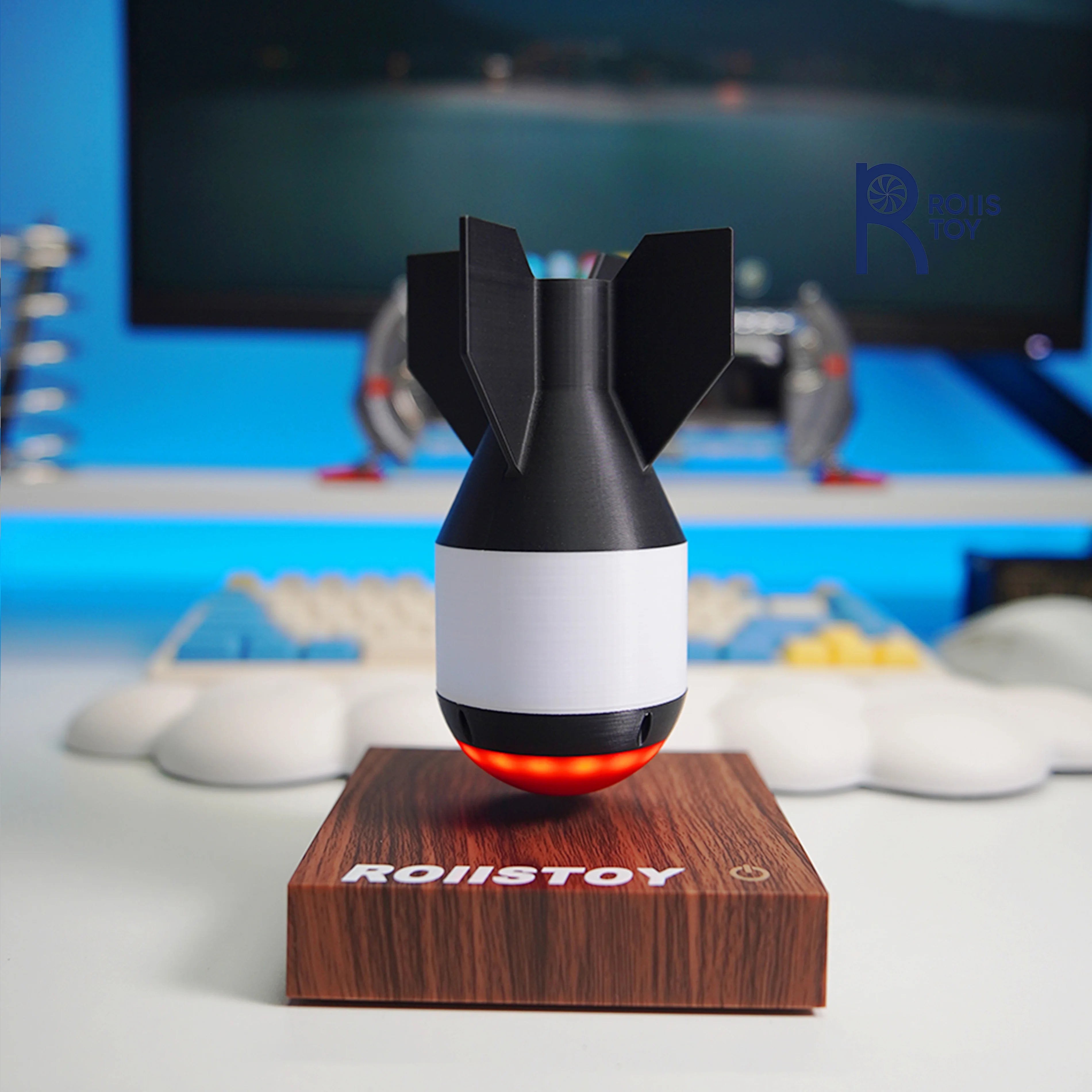 Military style maglev missile model floating on wooden base with red light effect for office desk dark decor collection