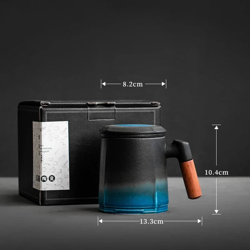 Beautiful tea mugs ceramic vintage coffee cup beer large mug with infuser lid wooden handle tableware personalized