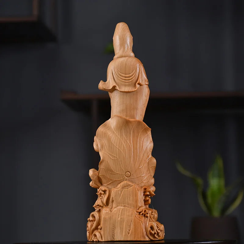 Natural cypress sending son guanyin statue - chinese buddhist character statue solid wood carving feng shui room