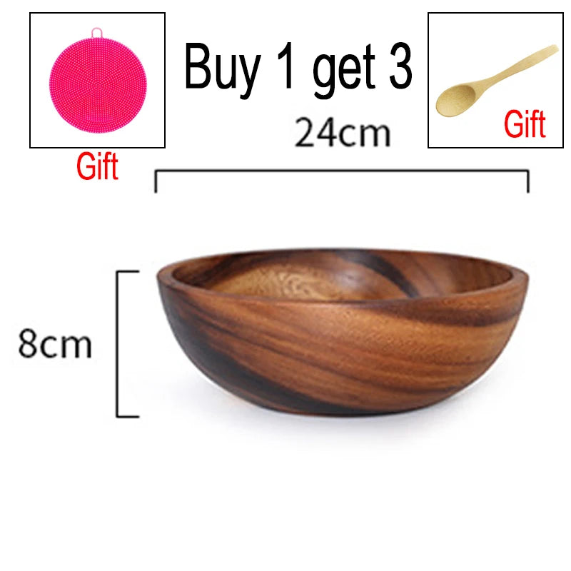 Acacia wooden bowl japanese style tableware household and basin fruit plate salad whole soup - 24x8cm