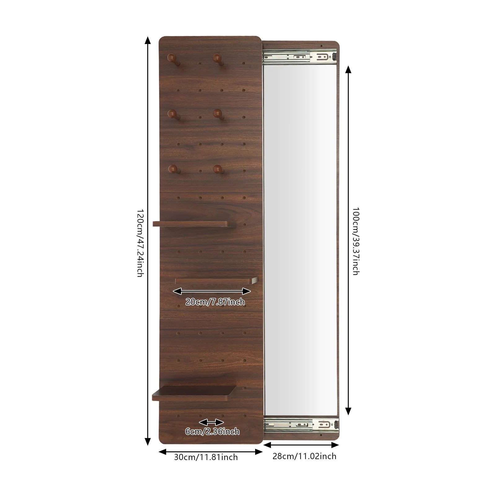 Wood full length mirror with shelf and hooks dual slide rail design multifunctional panel fitting - walnut color