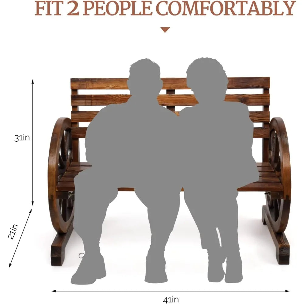 Rustic wooden wheel bench outdoor 2-person patio wagon slatted seat garden benches for outdoors 350lbs - united states