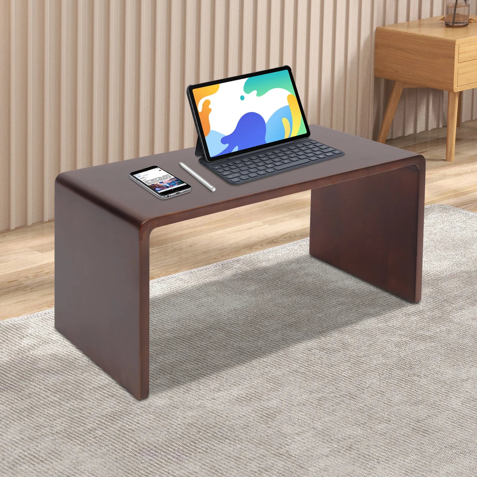 Walnut color solid wood c-shaped end table multifunctional sofa side for living room bedroom - united states