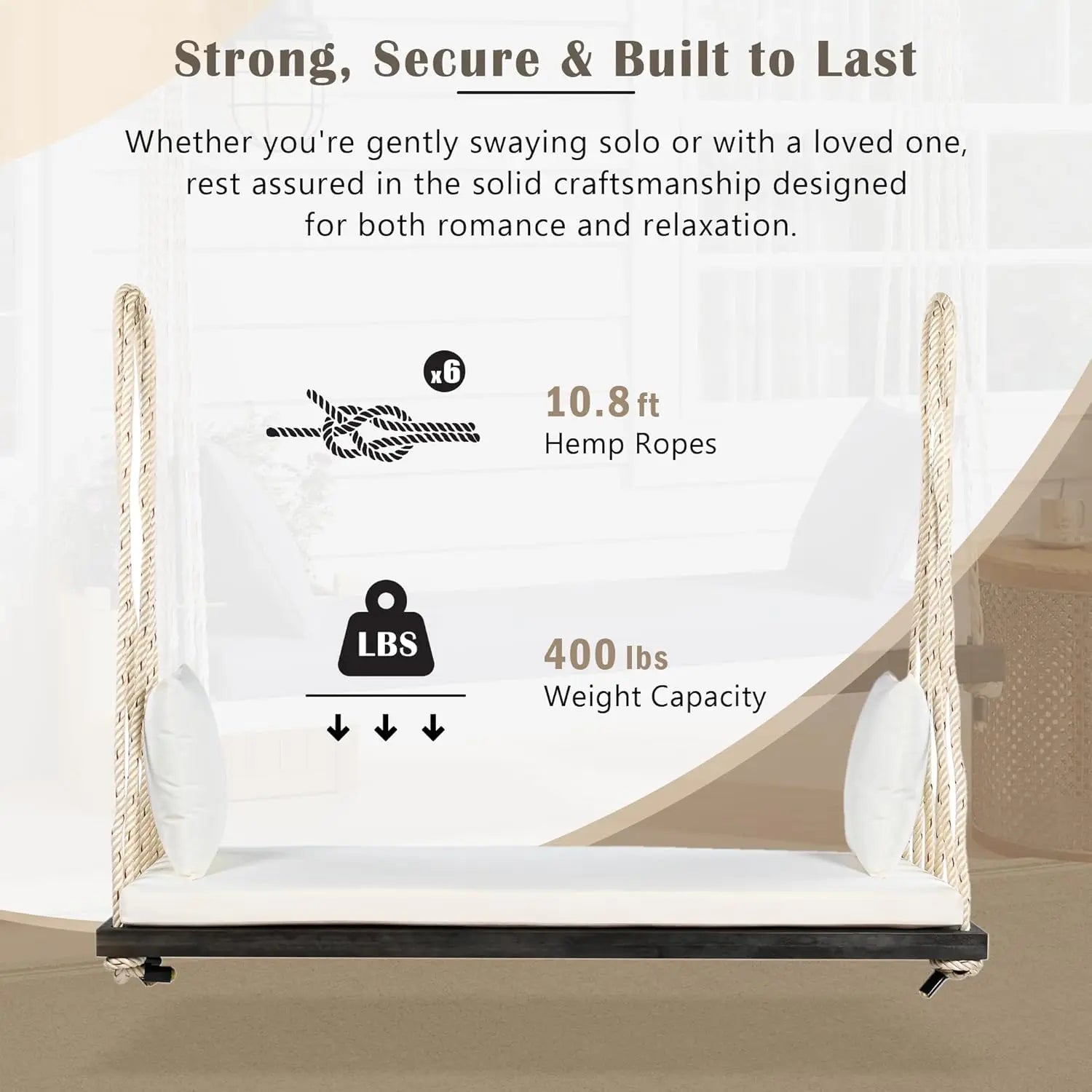 Acacia wood porch swing bench with cushion & pillows 63’ outdoor hanging for 2 adults rustic 10.8ft ropes white