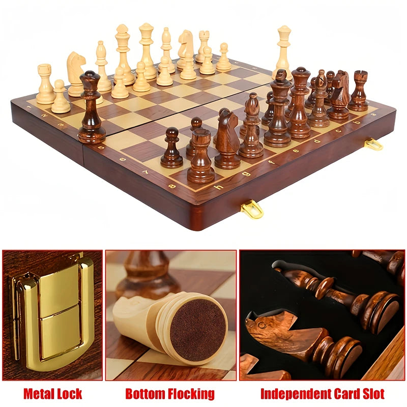 Chess solid wood folding 39cm/15.35inch- comes with 2 additional queens a high-end chess piece competition