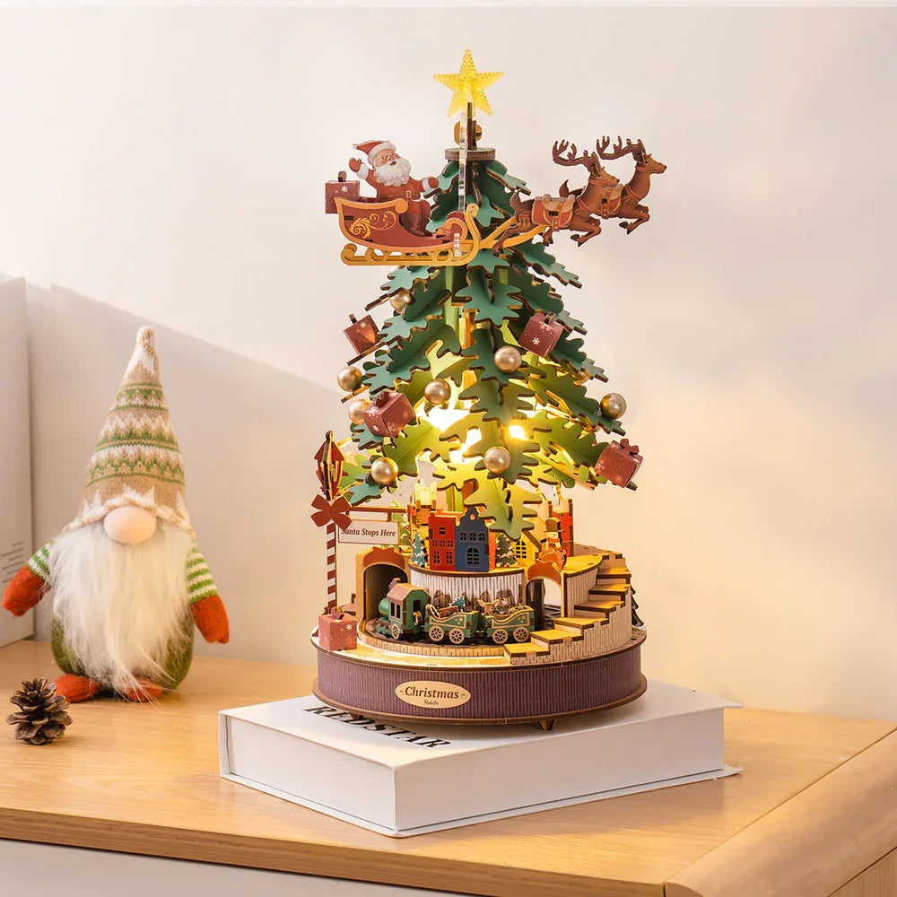 Robotime rolife christmas melody tree music boxes 3d wooden puzzle with light perfect gifts for family easy assemble