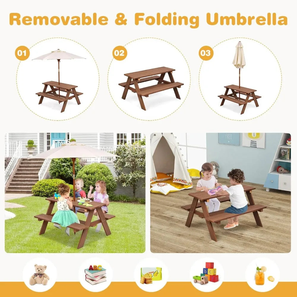 Kids picnic table outdoor wooden bench set w/removable umbrella children backyard furniture for patio garden toddler