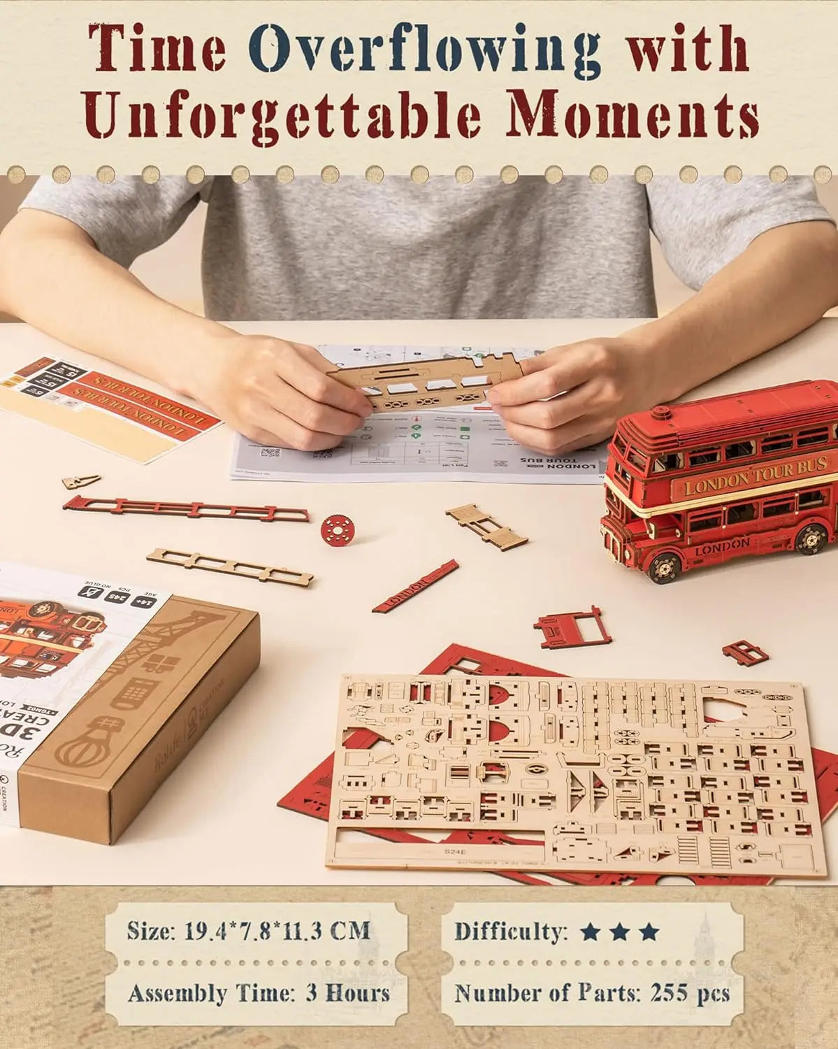 Robotime rolife london tour bus 3d wooden puzzles wood model toy car to build crafts collectibles gifts for boys girls