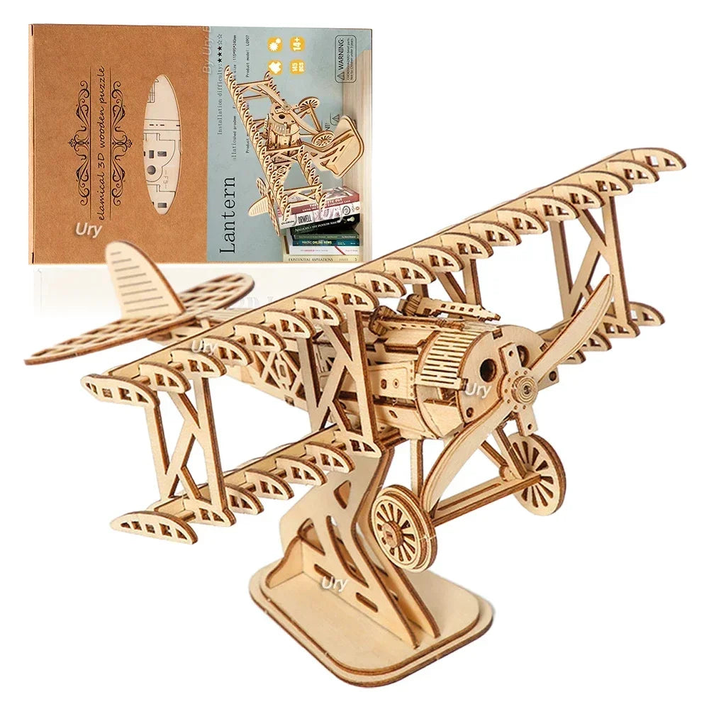 Ury 3d wooden puzzle movable retro biplane crane bulldozer handmade assembly truck model diy toys decoration gift