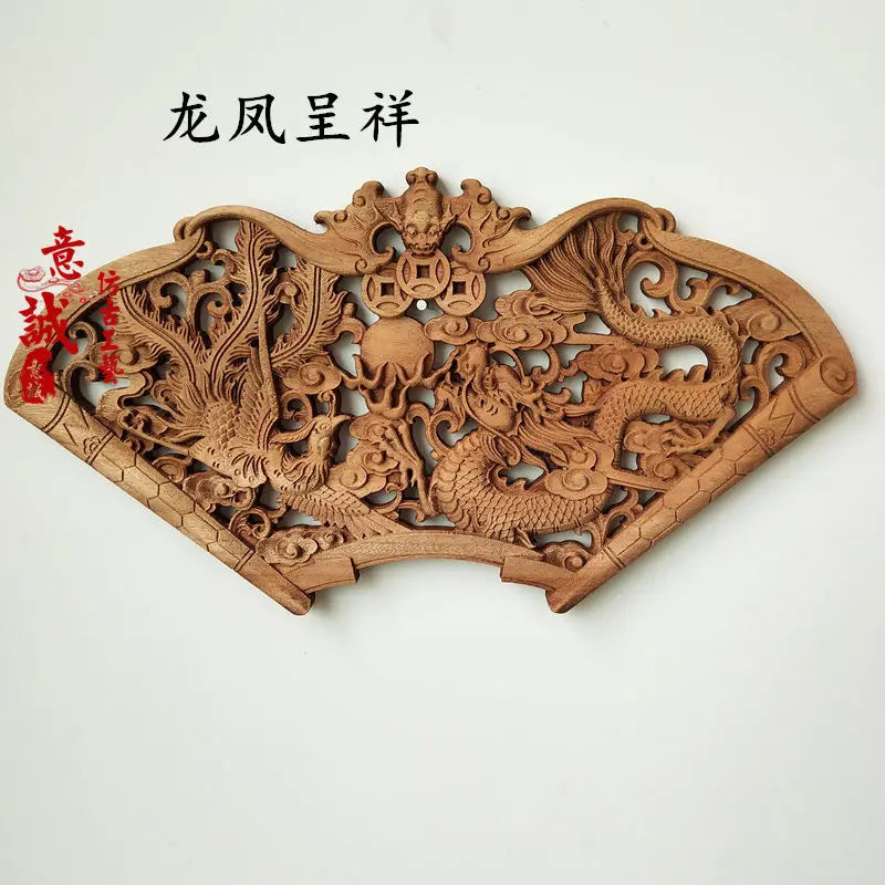 Traditional chinese woodcarving wall hanging camphor wood 3d exquisite dragon phoenix flower carving craft home