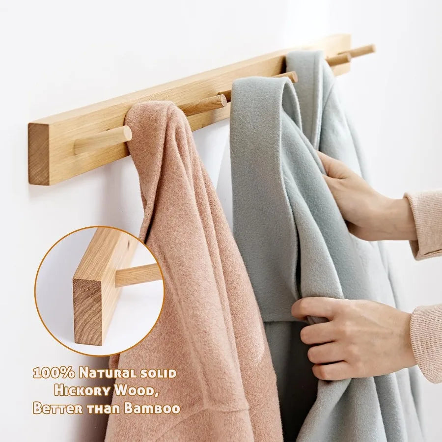 Wall mounted coat rack 12 ihes hickory wood hooks with 3 wooden hanger for hanging clothes robes towels ha - united