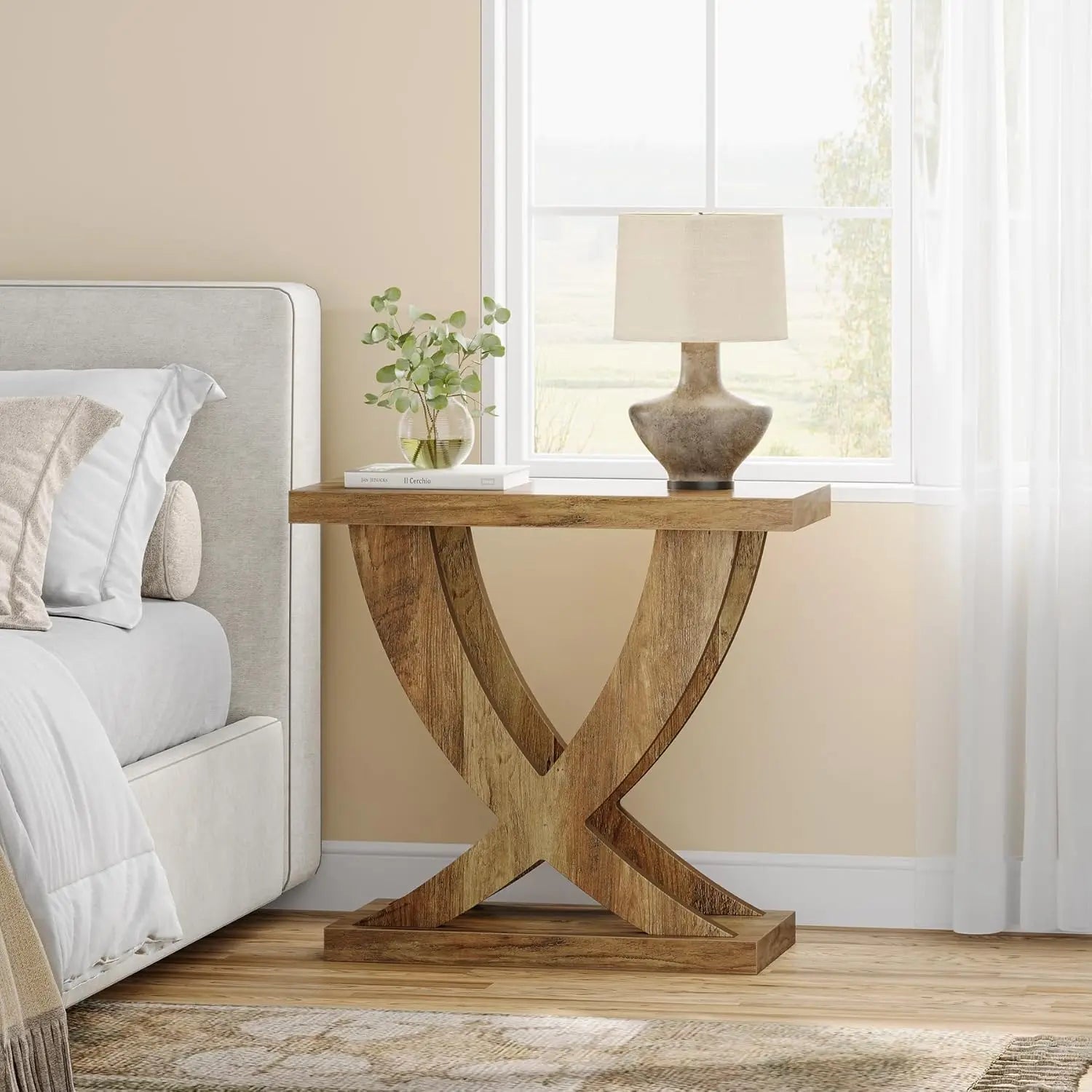 Wood end side table for living room night stand bedroom with cross fishtail support farmhouse nightstand small spaces