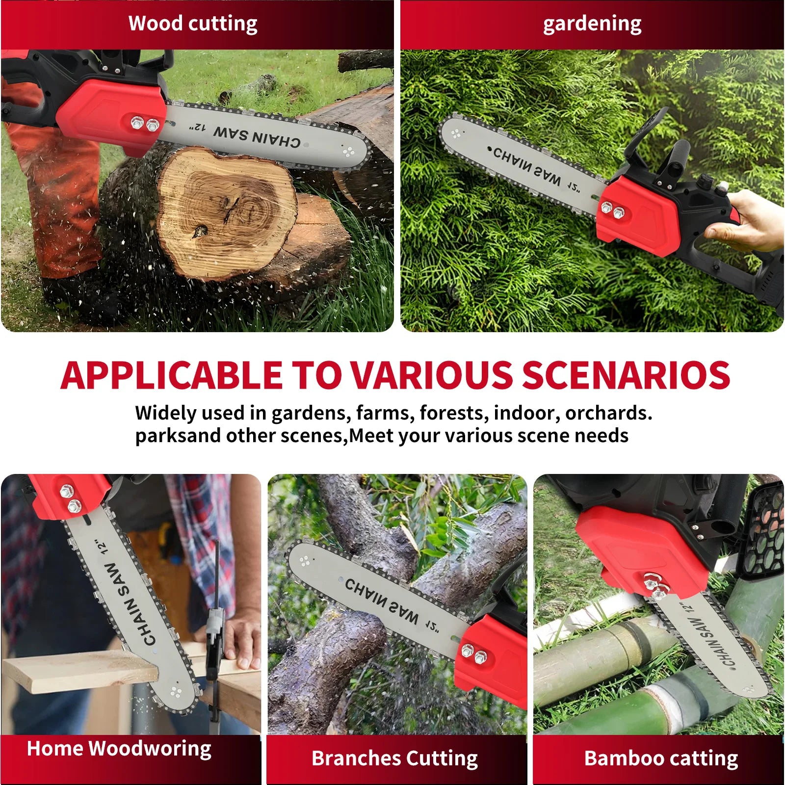 12’’ cordless chainsaw handheld electric 1800w 21v brushless one-handed power tool two1.5ah batteries tree branch wood