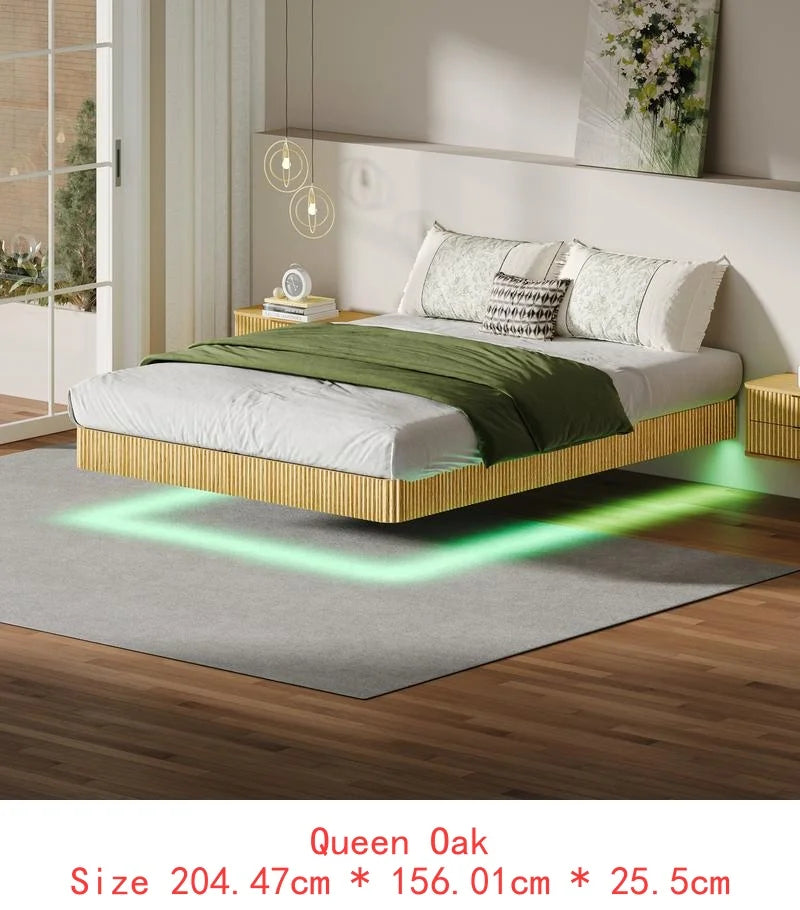 Walnut floating bed frame with led lights wave curve wood texture heavy duty metal slats no box spring required stylish