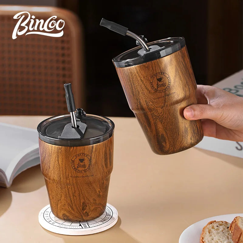 Bincoo thermal flask insulated coffee cup 580ml water mug with straw leakproof wood stripe bottle ceramic liner