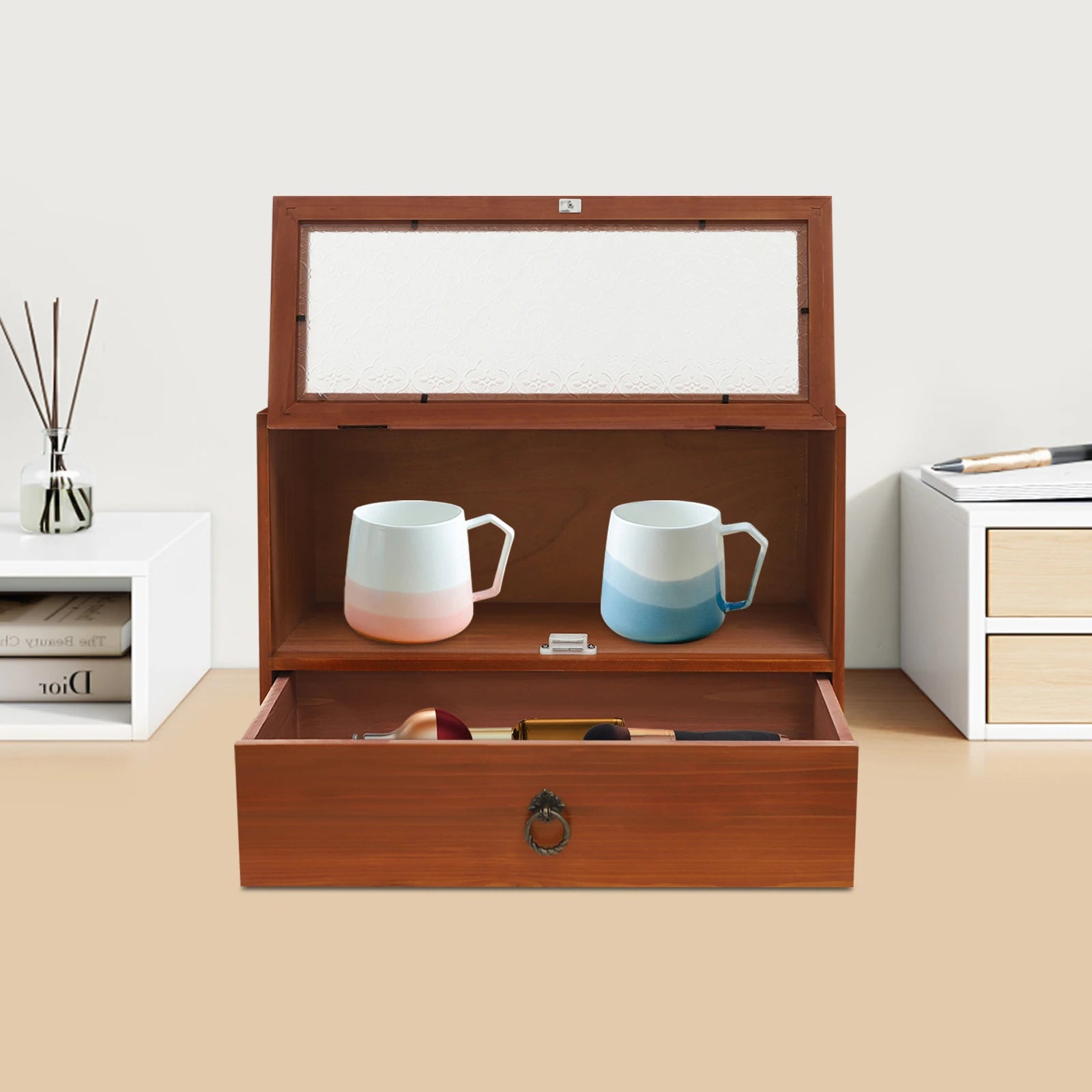 2 tier vintage wooden tabletop organizer magnetic door rustic storage cabinet with drawer dustproof for desk kitchen