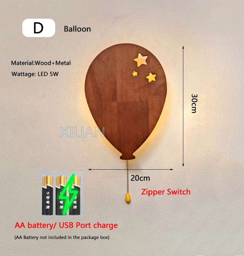 Retro butterfly wall lamps with pull cord switch cloud balloon moon wooden sconces battery charge wireless light - d