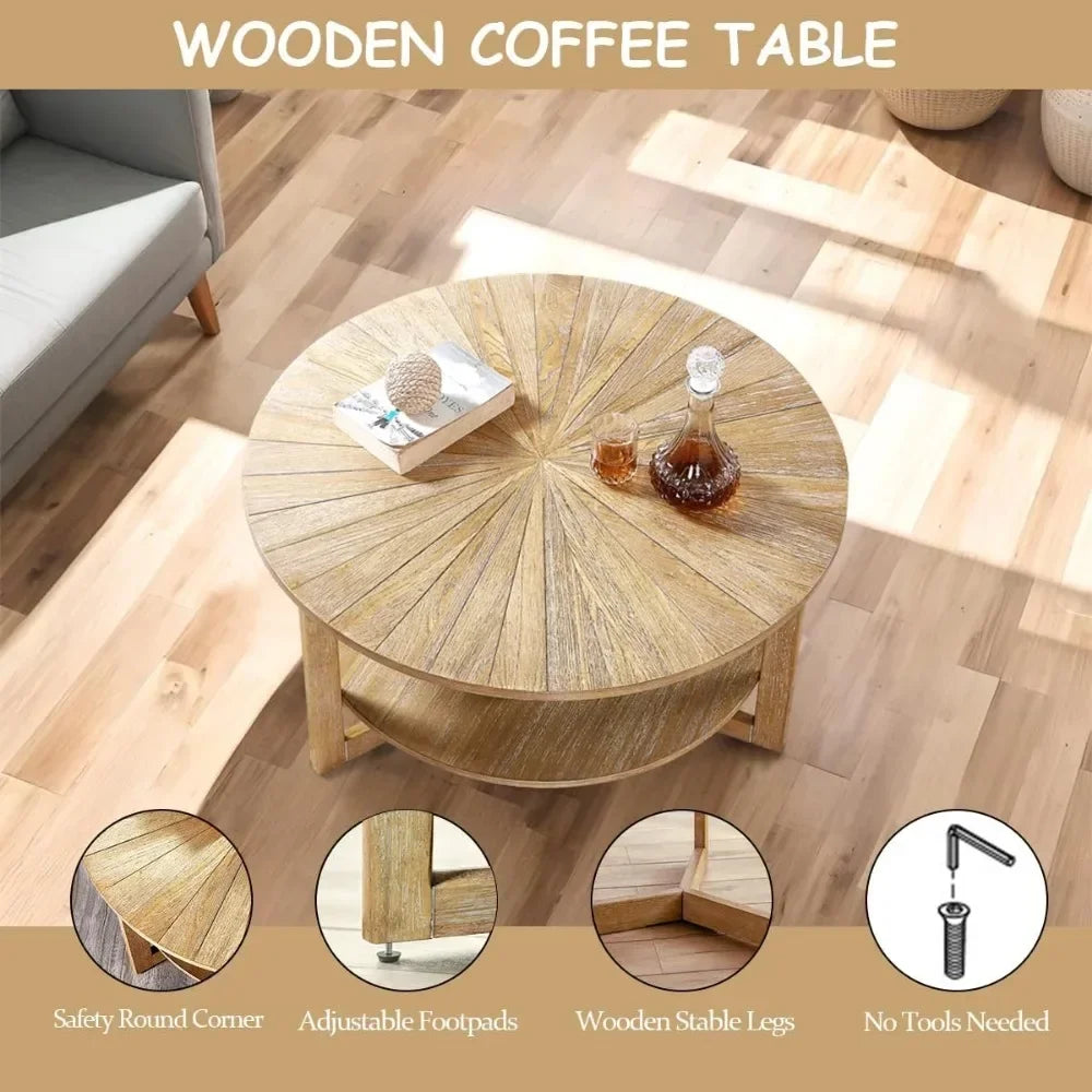 Wood round coffee table for living room 2 tier circle rustic with storage apartment