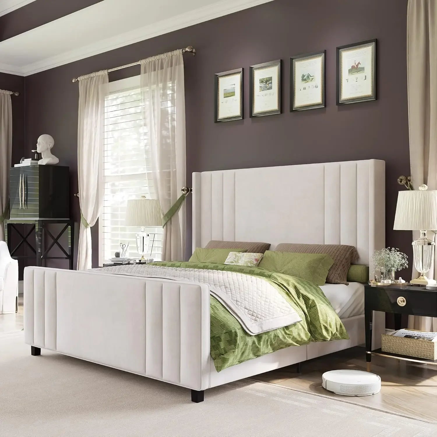 King size bed frame velvet upholstered platform with vertical channel tufted headboard & footboard/wingback - cream