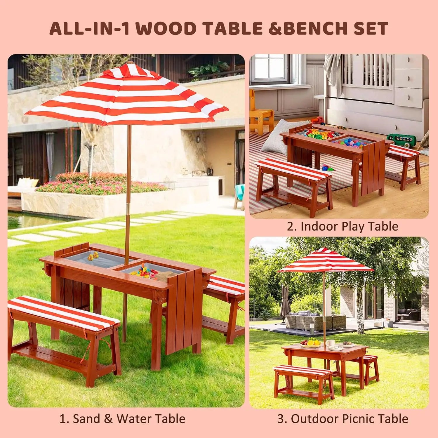 Kids picnic table with umbrella outdoor wooden & bench set w/cushions 2 removable boxes 4-in-1 children sand - united