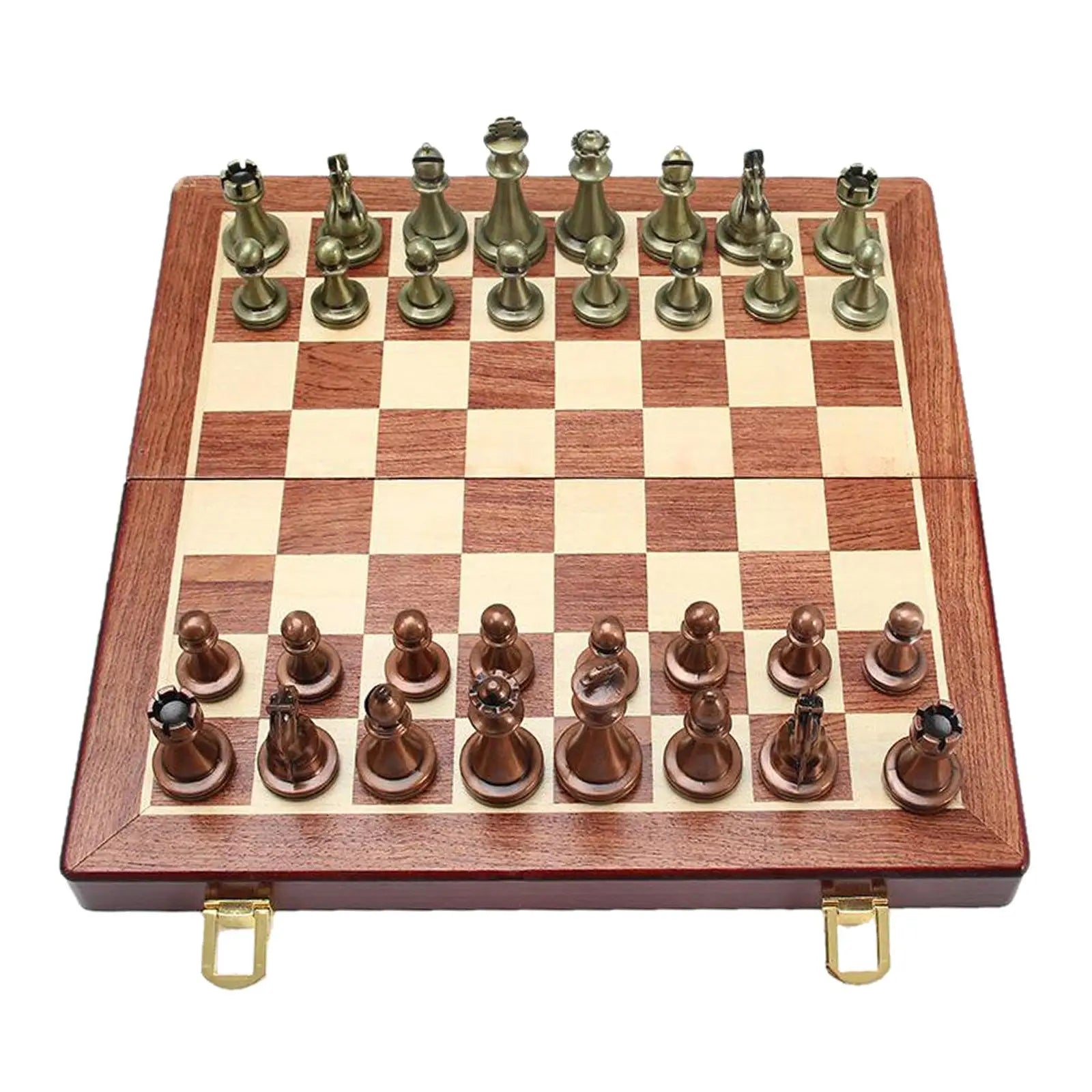 Elegant metal chess set with folding chessboard storage board