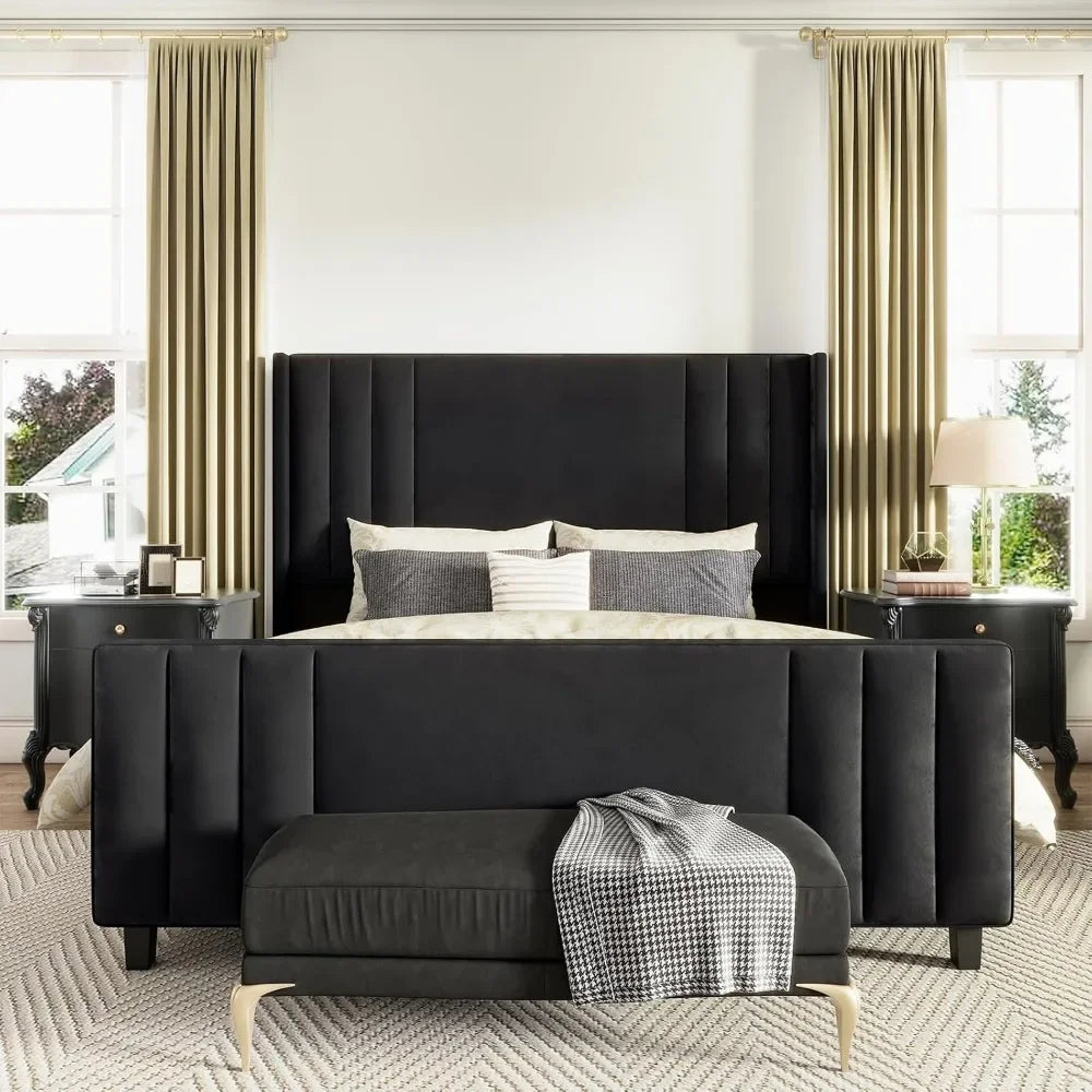 King size bed frame velvet upholstered platform with vertical channel tufted headboard & footboard/wingback