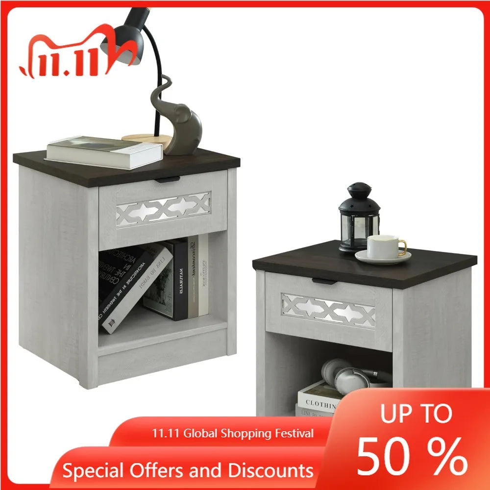 Hailey set of 2 1 drawer wood nightstand bedside table with storage drawers compact night stand for bedroom end or side