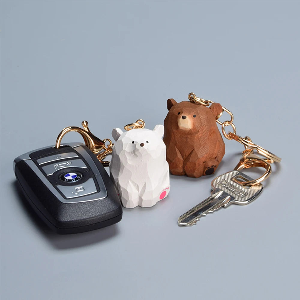 Wooden carved bear keychain cute cartoon animal creative exquisite couple bag pendant wooden teddy bear - decorative