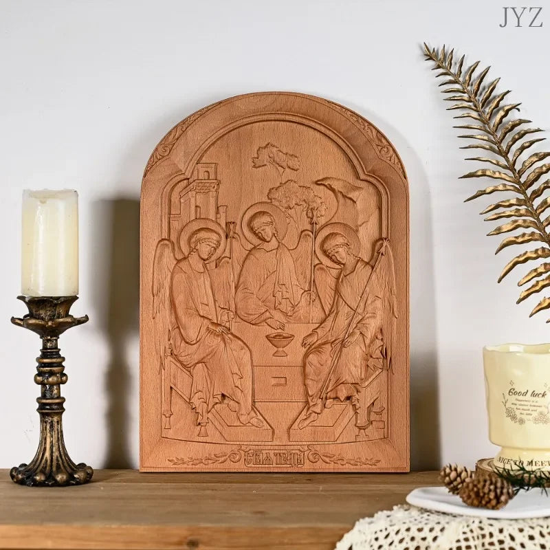 Religious home catholic holy trinity wood carving family wall decor - (christian)
