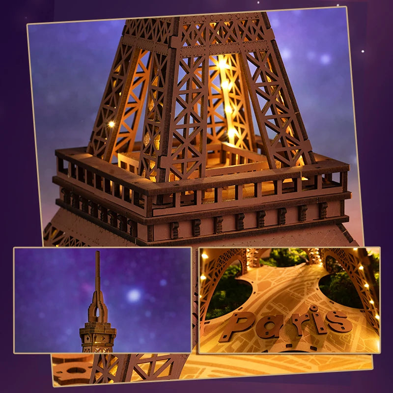 Robotime 3d wooden puzzle game night of the eiffel tower 1:638 models for children adult diy crafts kits gift with light