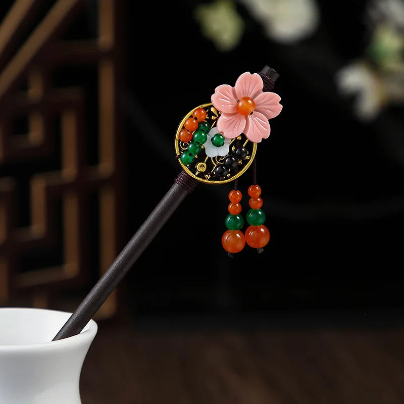 1pc wooden hair stick chinese style winding flower hairpin with tassel elegant lady clip accessories vintage 2024