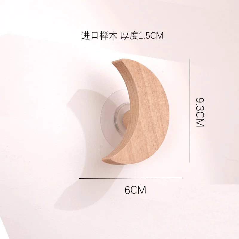 Star moon wooden decoration hooks cute cartoon animal adhesive wall omnipotent key holder for the home and - b