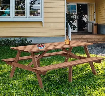 10-person solid wood picnic table outdoor round and bench set with umbrella hole outside wooden chairs s - united