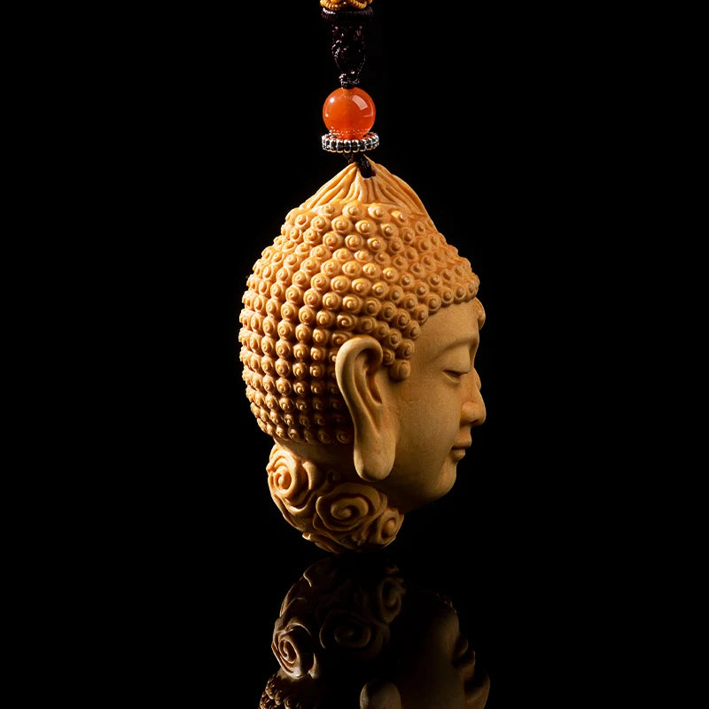 Hand carved wooden buddha demon head duality pendant charm keychain spiritual art figurine ornament car bag hanging