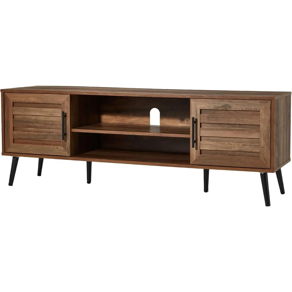 Mid century modern wooden tv stand entertainment center console with open shelving and 2 cabinets for televisions