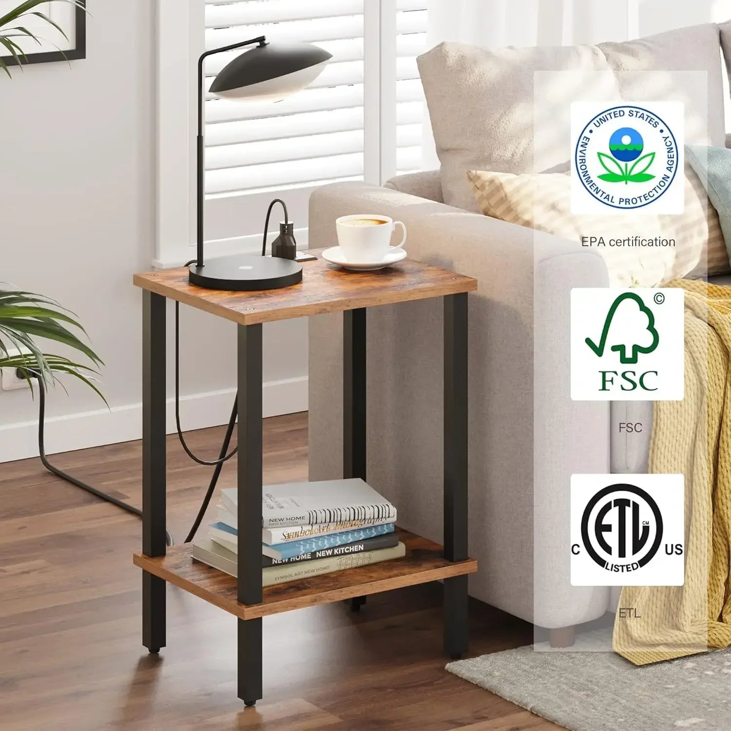 End table with charging station side usb ports and outlets nightstand 2-tier storage shelf sofa for small - united