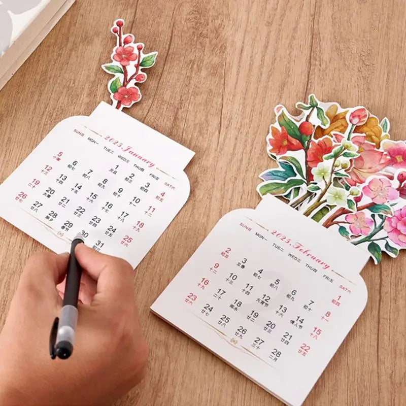 Bloomy flower desk calendar wooden frame creative mini decorative ornaments notebook supplies 2025
