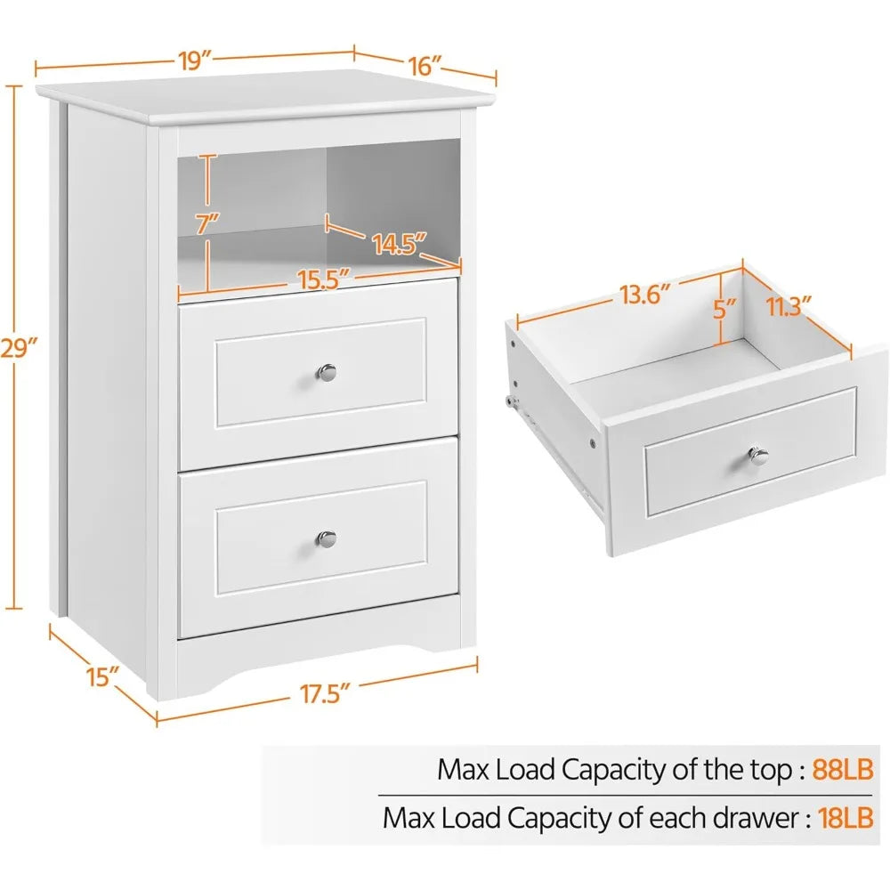 Bedside table set of 2 tall nightstand with drawer and cubby wooden for bedroom small space