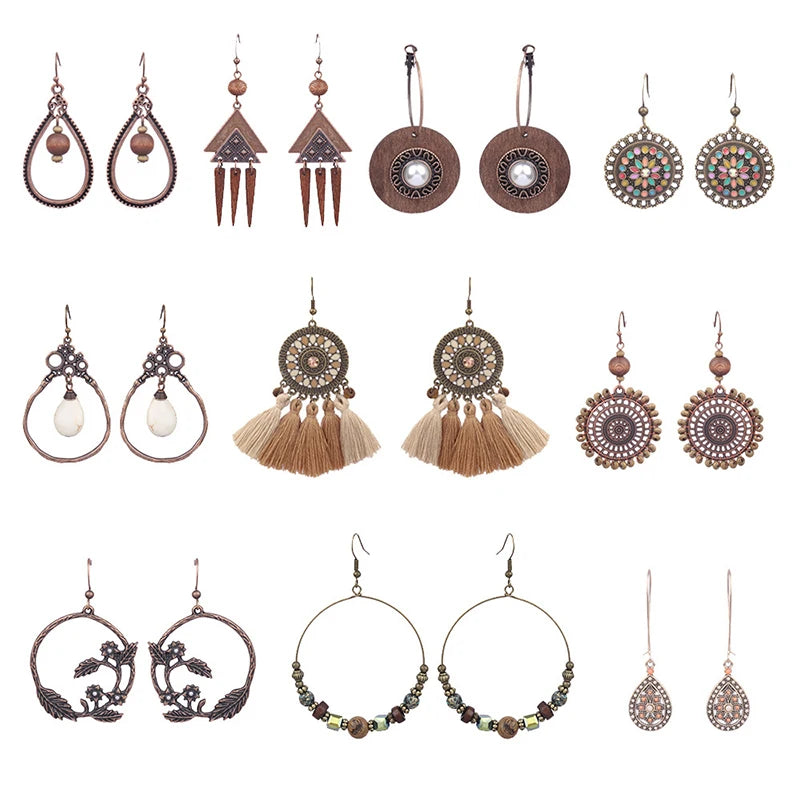 10pairs-lot-earrings-geometric-vacation-tan-tassel-wooden-long-personalized-ear-clip