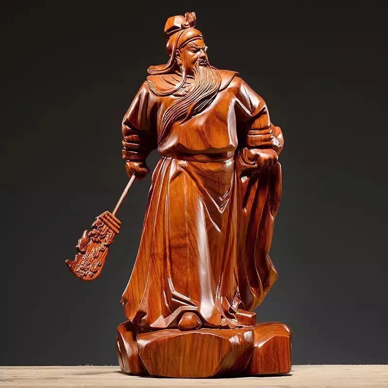 Guan gong statue rosewood carving god of wealth home altar office/shop decor feng shui gift - religious (buddhist)