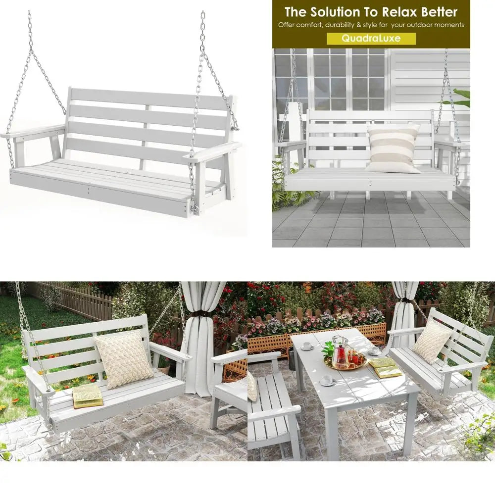 All-weather waterproof hdpe patio swing bench 51 - outdoor porch with stainless steel chains - united states / white