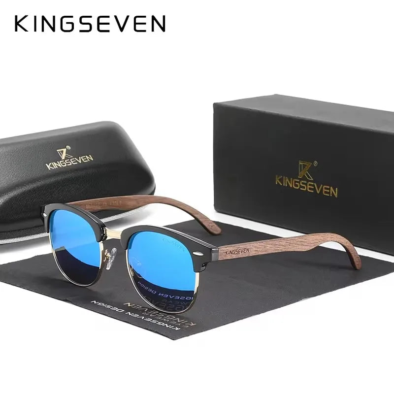 Kingseven black walnut wood sunglasses polarized wooden brand designer rimless mirrored square sun glasses