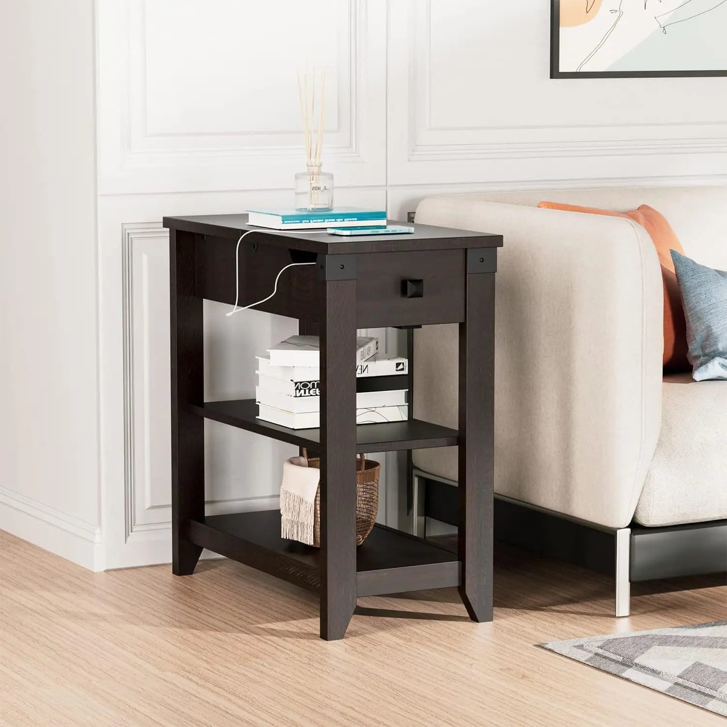 Vabches set of 2 end tables flip top side with charging station & open storage shelves wood coffee for living room