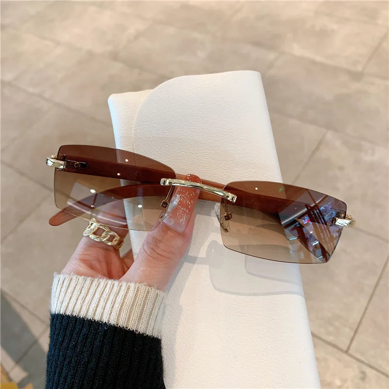 Fashion sunglasses men’s and women’s frameless imitation wood grain mirror leg - germany / brown