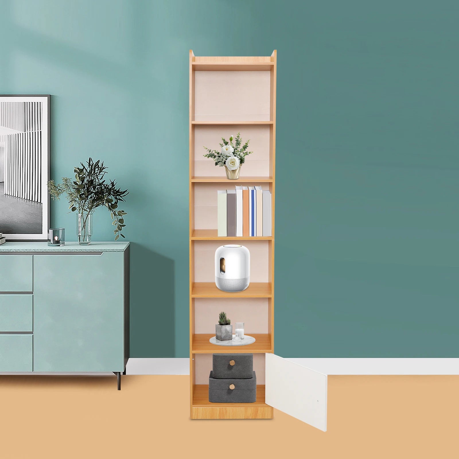 Small narrow corner bookcase - 71.26’’ tall free standing gap storage cabinet 6 tiers open shelves tower rack with door