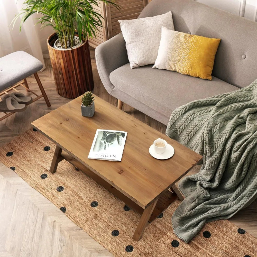 Solid wood coffee table - 42.5” firwood farmhouse rustic wooden tables for living room rectangle - united states