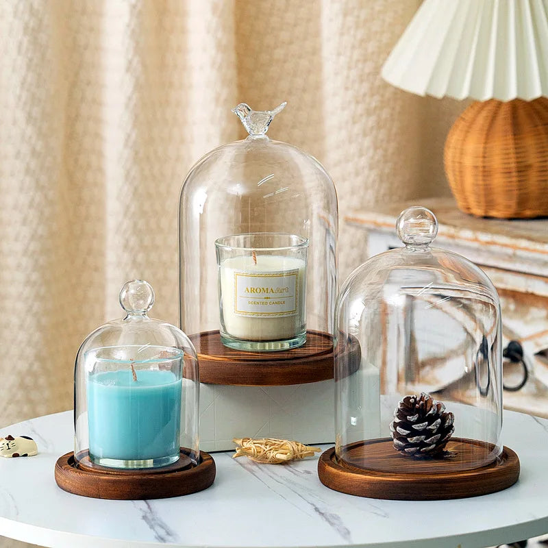 Aromatherapy candle holder ornaments dust-proof glass cover wooden base display box home decoration