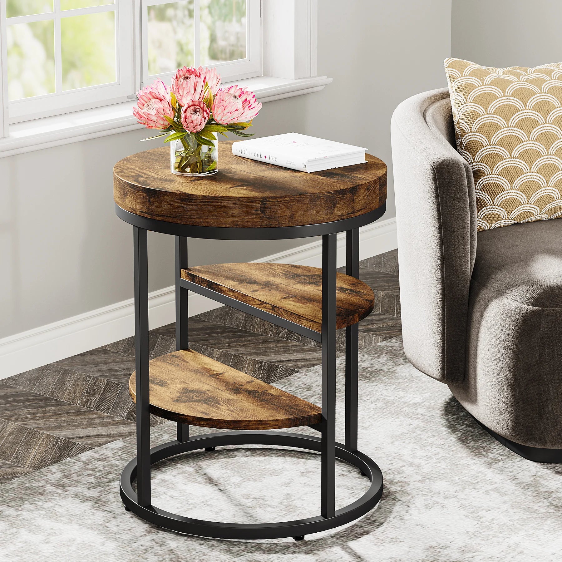 Tribesigns round end table small with 3 storage shelves wood side for spaces industrial sofa - brown / united states