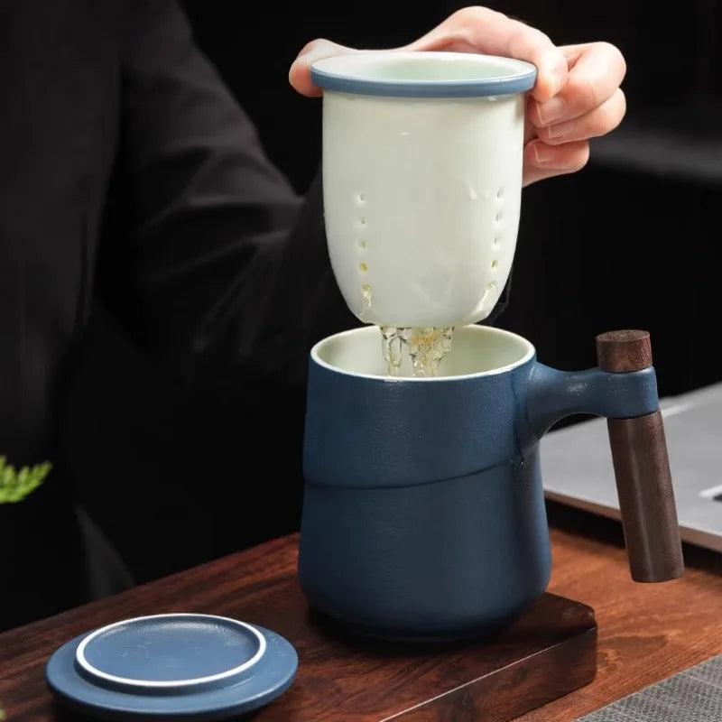 Black ceramic cup wooden handle filter tea mug creative office retro water cups and mugs china set birthday gift box