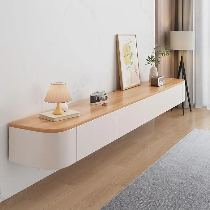 Floating tv stand large shelves wall mounted multi storage compartment tvs media console cabinet bench - wood / united